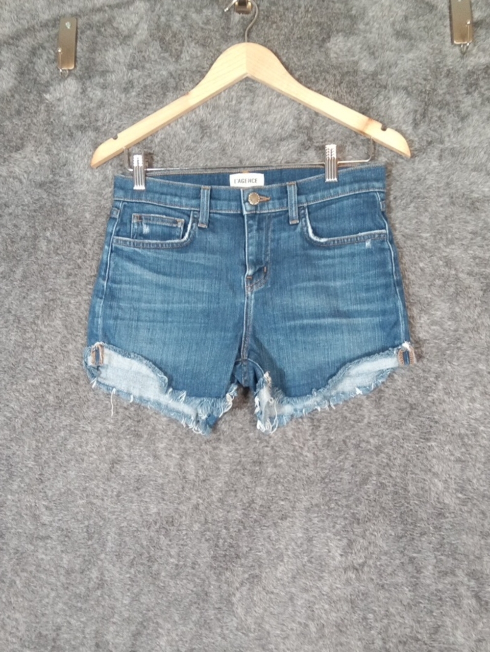L'AGENCE Blue Frayed Denim Cutoff Shorts Luxury Medium Wash 5 Pockets Size 24